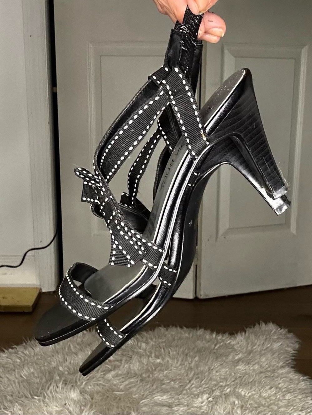 Fashion Bug Black Heeled Strappy Sandals with White Stitching